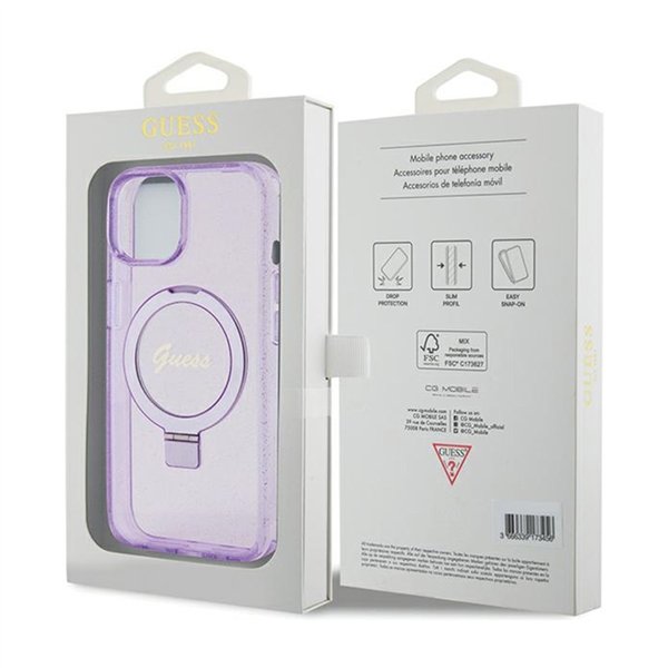 Guess Ring Stand Script Glitter MagSafe - iPhone 15 Plus Case (Purple)