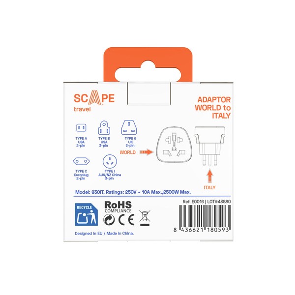 Plug adapter Scape Travel 830IT Plastic 10 A