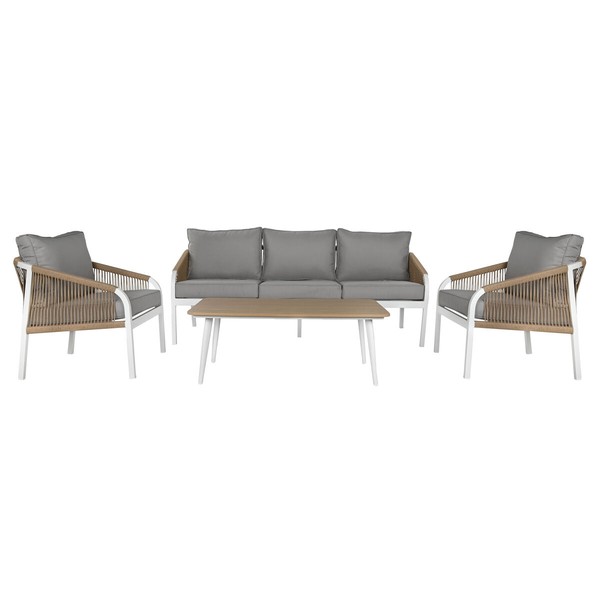 Table Set with 3 Armchairs Home ESPRIT White Natural Light grey 189 x 73 x 84 cm (4 Pieces)