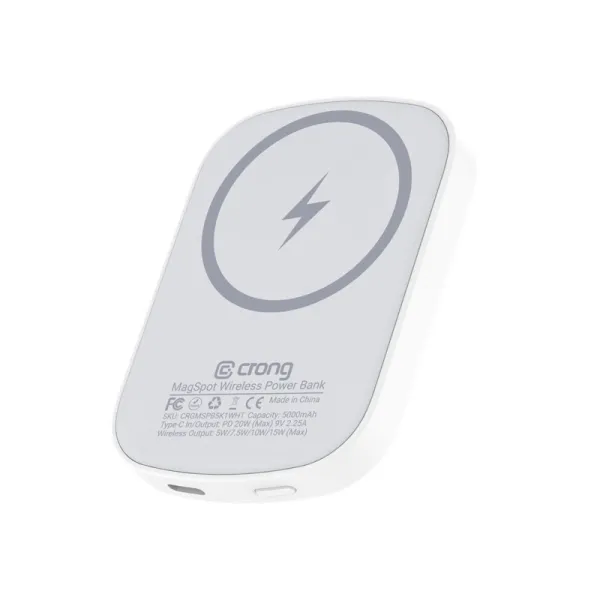 Crong MagSpot Power Bank - Ultra Slim Wireless Power Bank with MagSafe 5000mAh, USB-C 20W PD (White)