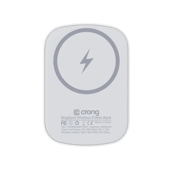 Crong MagSpot Power Bank - Ultra Slim Wireless Power Bank with MagSafe 5000mAh, USB-C 20W PD (White)