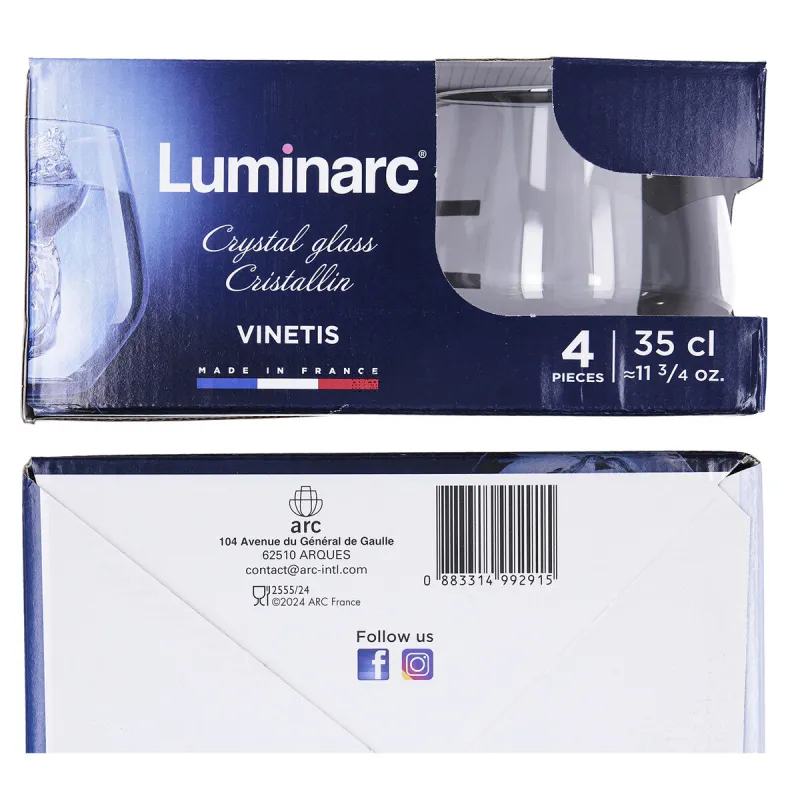 Vesilasi Luminarc Vinetis Läpinäkyvä Lasi 360 ml (4 osaa)