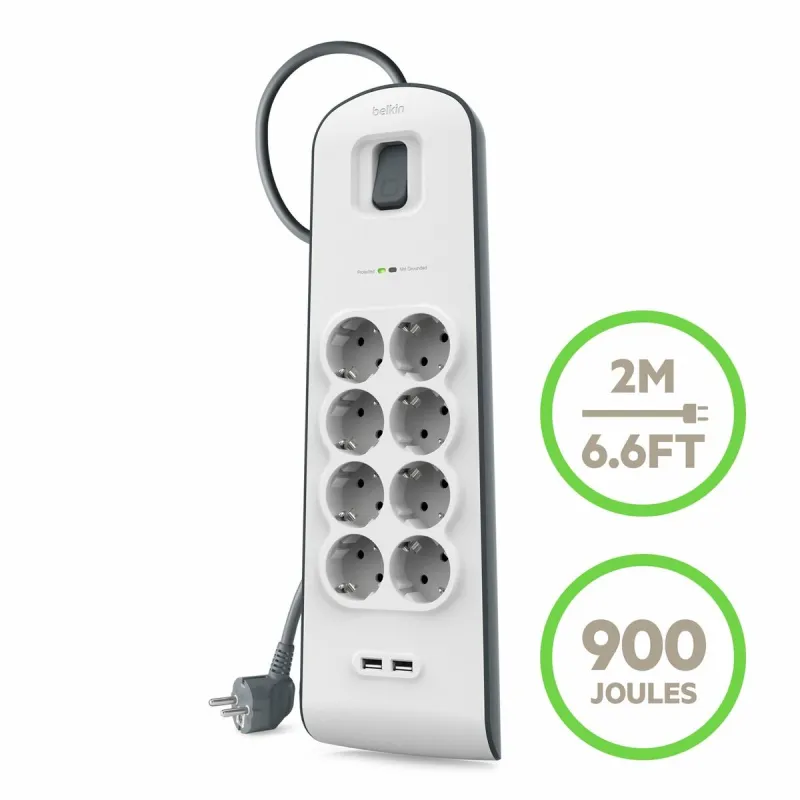 Elektros prailgintuvas su jungikliu, 8 lizdai Belkin BSV804VF2M USB x 2 Balta (2 m)