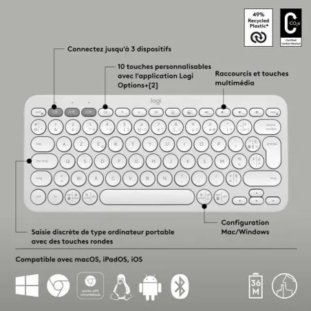 Bluetooth Klaviatuur, millel on Tahvelarvuti Tugi Logitech K380 Prantsuse Valge AZERTY