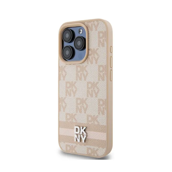 DKNY Leather Checkered Mono Pattern & Printed Stripes - Case for iPhone 15 Pro Max (pink)