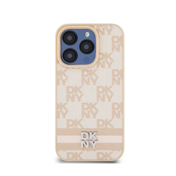 DKNY Leather Checkered Mono Pattern & Printed Stripes - Case for iPhone 15 Pro Max (pink)