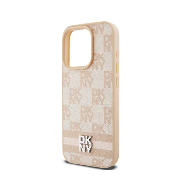 DKNY Leather Checkered Mono Pattern & Printed Stripes - Case for iPhone 15 Pro Max (pink)