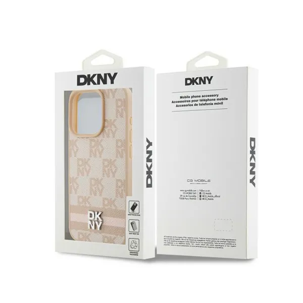 DKNY Leather Checkered Mono Pattern & Printed Stripes - Case for iPhone 15 Pro Max (pink)