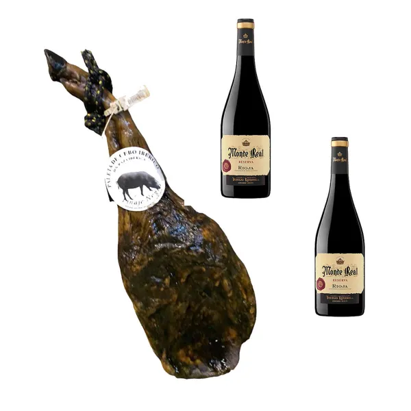 Grūdais maitinta „Iberico“ mentė Linaje Negro 5 kg Butelis raudono vyno 750 ml x 2 Monte Real
