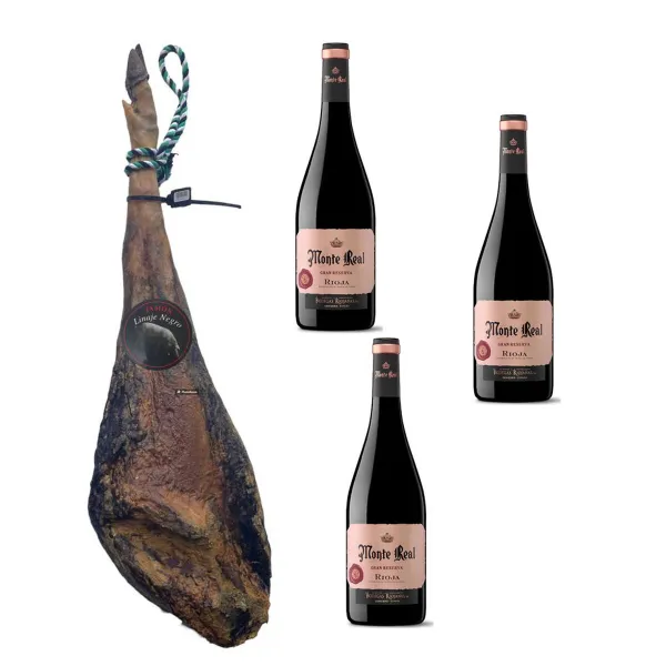 Gile maitinta „Iberico“ kumpis Linaje Negro 9 kg Butelis raudono vyno 750 ml x 3 Monte Real