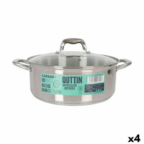 Casserole with glass lid Quttin Caesar Ø 28 x 11 cm Steel (4 Units)