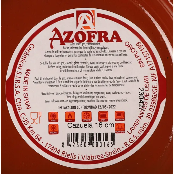 Saucepan Azofra Baked clay 15 x 15 x 3,2 cm (24 Units)