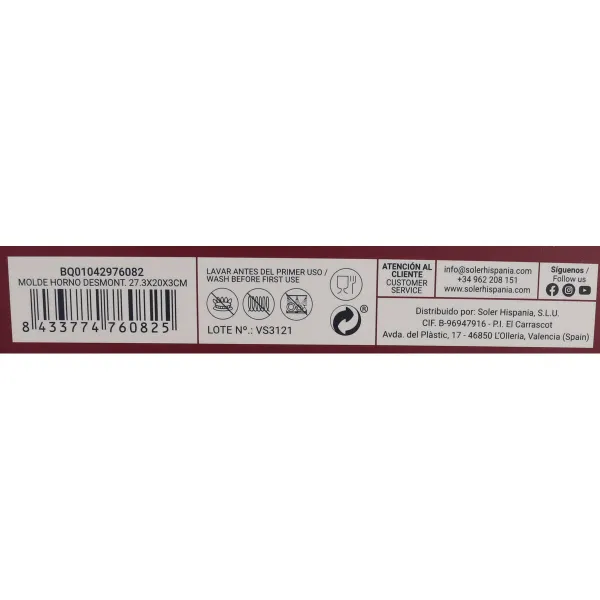 Springform Pan Quttin Rectangular 27,3 x 20 x 3 cm (6 Units)