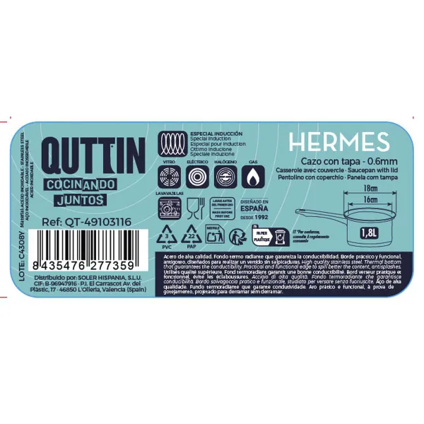 Kastrolis ar Vāku Quttin Hermes 1,8 L Tērauds (8 gb.)