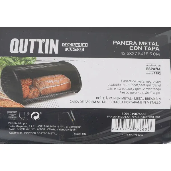 Breadbasket Quttin Black Metal 43,5 x 27,5 x 18,5 cm (3 Units)
