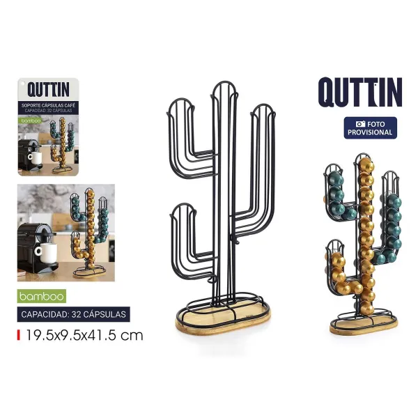 Coffee Capsule Organiser Quttin Black Bamboo Iron 19,5 x 9,5 x 41,5 cm Cactus (12 Units)
