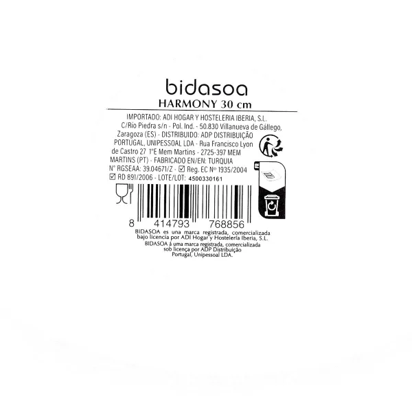 Plakans trauks Bidasoa Harmony Hydrozero Balts Keramika Ø 30 cm (6 gb.)