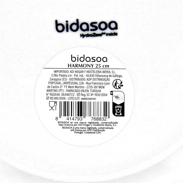 Flat Plate Bidasoa Harmony Hydrozero White Ceramic Ø 25 cm (6 Units)