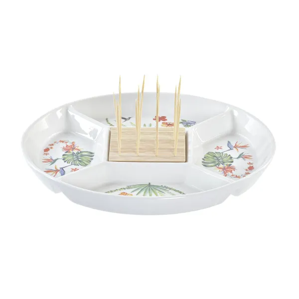 Uzkodu paplāte DKD Home Decor Daudzkrāsains Dabisks Bambuss Keramika Tropiskais 23,5 x 23,5 x 7 cm