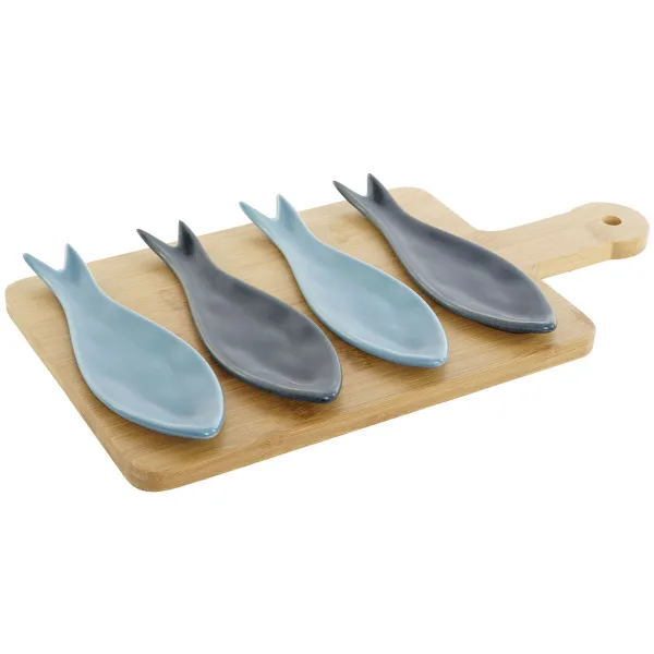 Uzkodu komplekts Home ESPRIT Zils Zaļš Tumši Zils Bambuss Porcelāns Vidusjūra Zivs 36 x 18 x 1,3 cm 5 Daudzums