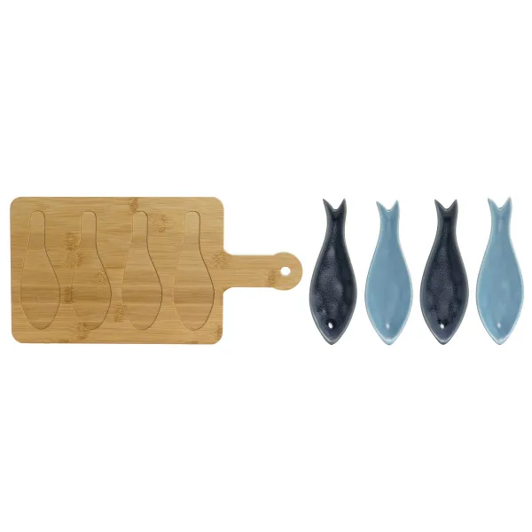Uzkodu komplekts Home ESPRIT Zils Zaļš Tumši Zils Bambuss Porcelāns Vidusjūra Zivs 36 x 18 x 1,3 cm 5 Daudzums