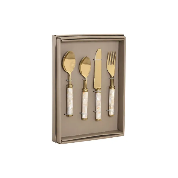 Ruokailuvälineet Home ESPRIT Valkoinen Kullattu Ruostumaton teräs Helmiäinen 4,5 X 2 X 21 CM 16 Kappaletta