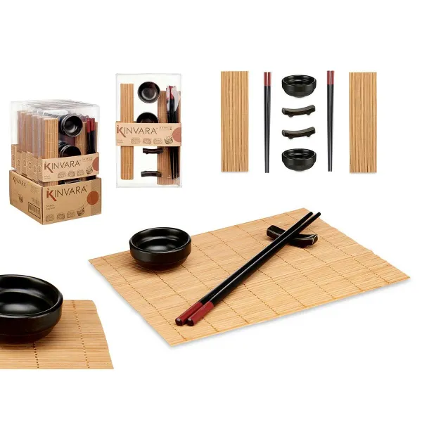 Sushi Set Kinvara Black Natural Bamboo China crockery 16,5 x 3 x 30 cm (8 Pieces) (6 Units)