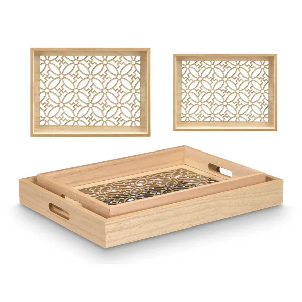 Set of trays Gift Decor Brown Transparent Wood Glass Flower 2 Pieces