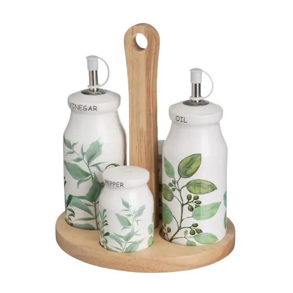 Öljy- ja viinietikkasetti GREENS Valkoinen Vihreä Puu Kivitavara 210 ml 21 x 8,5 x 18 cm 4 Kappaletta