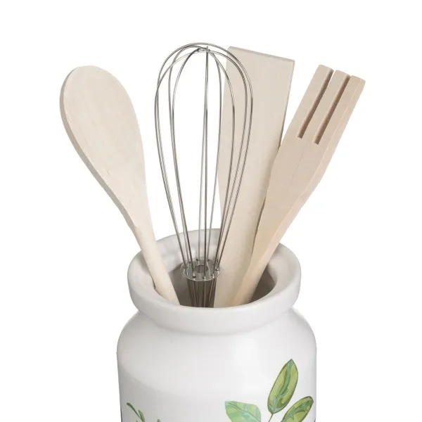 Pot for Kitchen Utensils GREENS Wood Metal Stoneware 12 x 12 x 13 cm