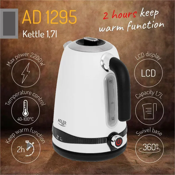 Vedenkeitin Adler Valkoinen Ruostumaton teräs 2200 W 1,7 L