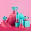 Italian Coffee Pot Bialetti Blue Pink Aluminium Thermoplastic 6 Cups