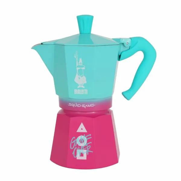 Italian Coffee Pot Bialetti Blue Pink Aluminium Thermoplastic 6 Cups