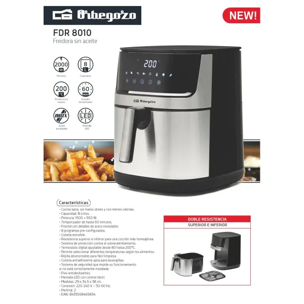Airfryer Orbegozo FDR 8010 Musta 1500 W 8 L