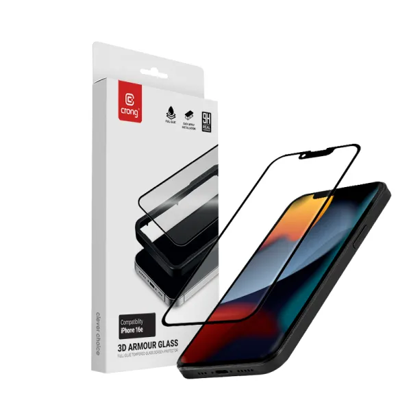 Crong 3D Armor Glass - Tempered Glass iPhone 17e / 16e / 14 / 13 / 13 Pro + Installation Frame