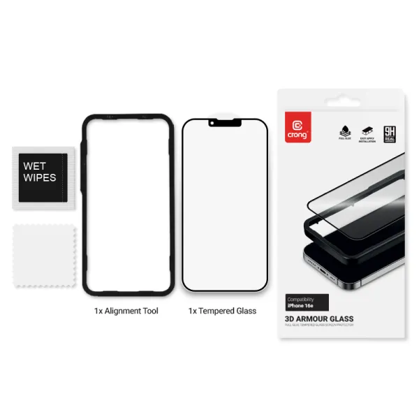 Crong 3D Armor Glass - Tempered Glass iPhone 17e / 16e / 14 / 13 / 13 Pro + Installation Frame