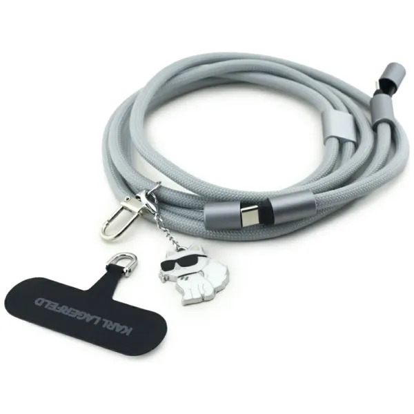 Karl Lagerfeld Crossbody Strap Choupette Charm - Universal Phone Strap / USB-C to USB-C Cable 1.5m (Grey)