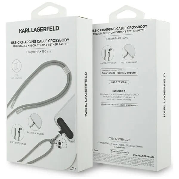 Karl Lagerfeld Crossbody Strap Choupette Charm - Universal Phone Strap / USB-C to USB-C Cable 1.5m (Grey)