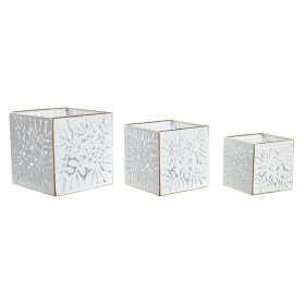 Set of Planters DKD Home Decor Sheets Golden Metal 15 x 15 x 15 cm White Tropical Leaf of a plant