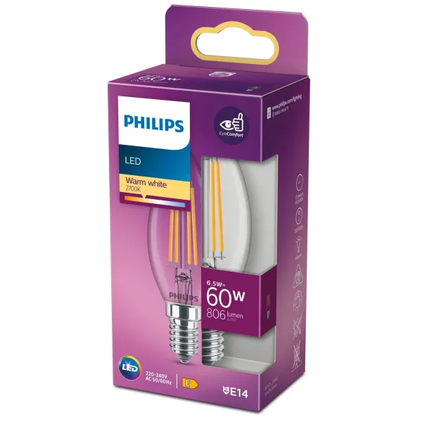 Candle LED Light Bulb Philips Equivalent E14 60 W White E (2700 K)