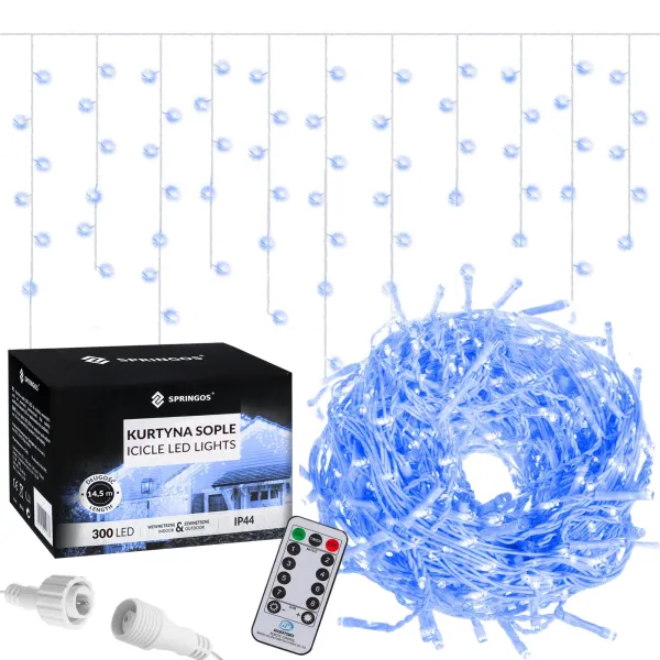 Light curtain with remote control 300 LED garland, indoor-outdoor lights icicles blue