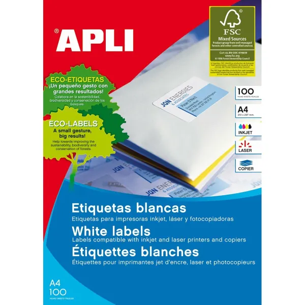 Lipnios etiketės Apli 1280 100 Paklodės 105 x 148 mm Balta A4