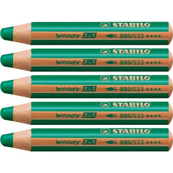 Spalvoti pieštukai Stabilo Woody Tamsiai žalia 3 viename (5 vnt.)