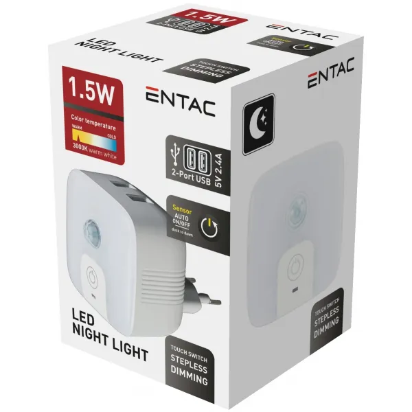 Entac Night Light 3000K with PIR Sensor and 2 USB Ports