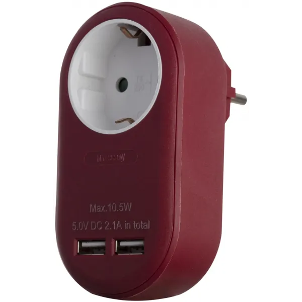 Power Adapter 1 Grounded Socket and 2 USB (total 2.1A) Burgundy