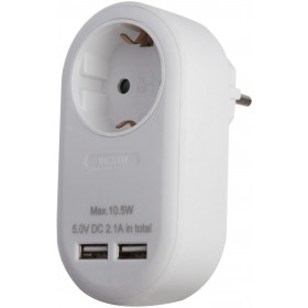 Power Adapter 1 Grounded Socket and 2 USB (total 2.1A) White