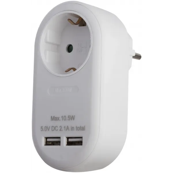 Power Adapter 1 Grounded Socket and 2 USB (total 2.1A) White