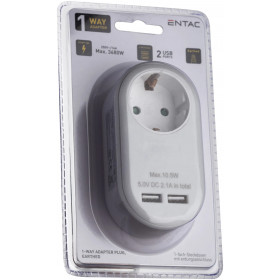Power Adapter 1 Grounded Socket and 2 USB (total 2.1A) White