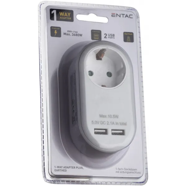 Power Adapter 1 Grounded Socket and 2 USB (total 2.1A) White