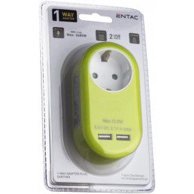 Power Adapter 1 Grounded Socket and 2 USB (total 2.1A) Lime